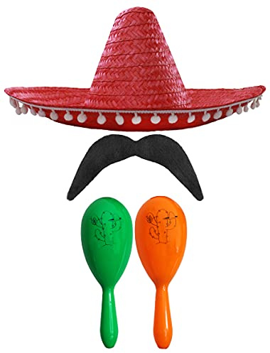 Mexikansk tjusig klänning tillbehörsset med Mexikansk SOMBRERO med maracas och röda prickar POM SOMBRERO + grön och orange maracas