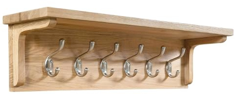 Hallowood Furniture Waverly Oak Coat Rack, Solid Wooden Wall Mounted Coat Hanger with 6 Metal Hooks for Jackets, Clothes & Hat, Light Oak Shelf with Hooks for Hallway, Entryway, and Living Room