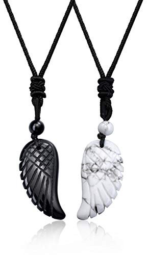 JSDDE 2er Flügel Anhänger Halskette Set Freundschaftskette Engelsflügel Anhänger aus Edelstein Heilstein Glückskette Paare Pärchen Kette Amulett Kette für Liebhaber Partner (Obsidian+Weißer Howlite)