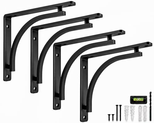 Classic Black Heavy Duty Shelf Brackets 10 inch by Balin Designs – L Bracket, Wall Mounted Support, Shelving Metal Bracket, Decorative Shelf Brackets, with Hardware Included, Set of 4