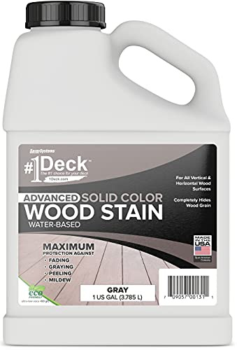 #1 Deck Premium Advanced Solid Color Outdoor Wood Stain and Sealer in One – Water Based Sealant for Wood Decks, Fences, & Siding - 1 Gal - Made in USA - Gray