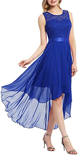 Vestido de dama de honor de gasa de encaje floral para mujer, sin mangas, dobladillo asimétrico, formal, columpio, vestido de fiesta, azul real, S