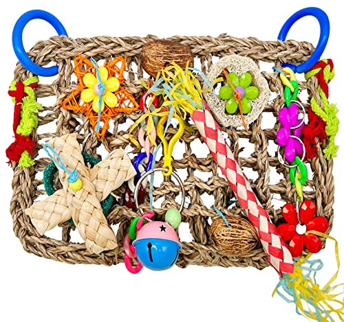 Papageienspielzeug Wellensittich Spielzeug Zubehör Futterwand mit Verschiedenen Bunten Vogelspielzeu, Essbare Aus Seegras Gewebte Kletter Vogelkäfig Zubehör Hängemattenmatte