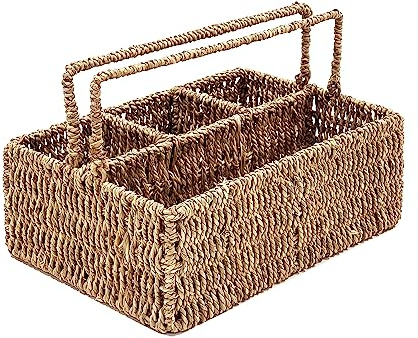 PEMAR Large L-Sized Hand Woven Utensil Caddy Carrier, Natural Jute Wicker Condiment Holder for Table, Kitchen Set Counter Top Silverware Organizer, Rustic Storage Forks, Spoons (Seagrass)
