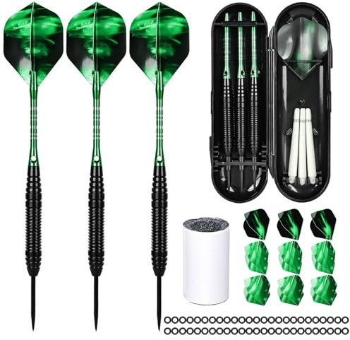 3 Stück Dartpfeile, Dartpfeile Metallspitze Profi Steeldarts Steel Dartpfeile Set 3 Aluminium Schaft mit 9 Flights 50 Anti-Lose Gummiringe und 2 Dart Tool Sharpener (Grün)