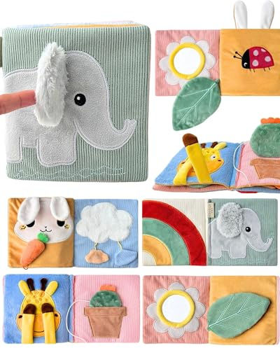 Toodly Cute Soft Baby Book with Mirror, Activities, Touch and Feel & Crinkle Pages - Interactive Sensory Cloth Toy for Babies 0-6, 6-12 & 12-18 Months - Adorable Animal Themes for Early Development
