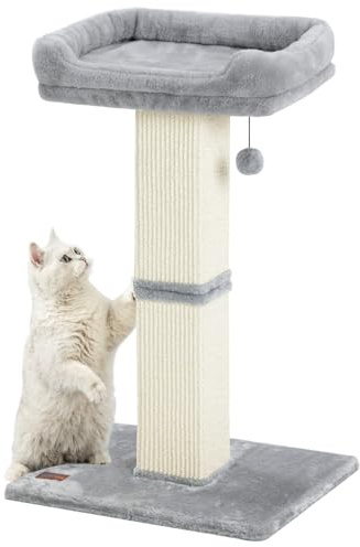 Karolpar 32 Cat Scratching Post for Indoor Cats, Sisal Cat Scratcher with Plush Perch, Large Scratch Post with Bed, Removable Cover, Sisal Fabric,Light Grey