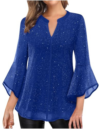 Sparkly Tops for Women UK Sheer Mesh Flared Sleeve Blouse V Neck Swing Blouse Sequin Decor Plain T Shirt Glitter Tunic Shirt Loose Elegant Pullover Beach Holiday Party Casual Tee