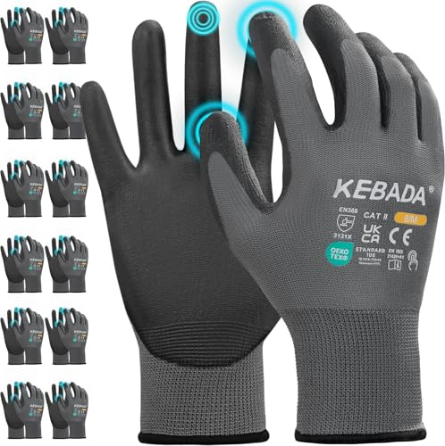 Kebada Gants de travail pour hommes et femmes, gants de sécurité enduits PU, antidérapants et tactiles, idéals jardinage, mécanique, entrepôt, conduite, construction, industrie, Gris, 12 Paires, L
