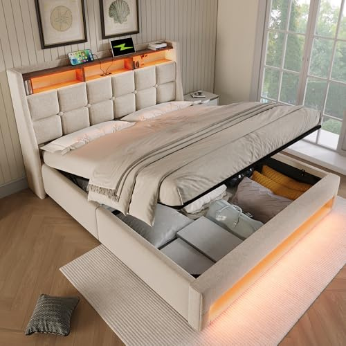 6ft Super King Size Bed Frame with Hydraulic Lift & Storage Headboard, Linen Functional Upholstered Ottoman Bed with LED Lighting & Charging Station,Gas Lift Beds with Storage&Slats,Beige,No Mattress