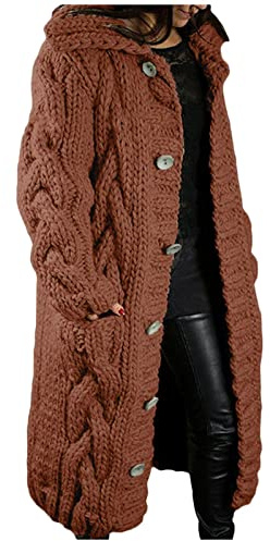Cardigan Femme Long Pull Chic Et Elegant Hiver Tricot Veste Ouvert Épais Manches Longues Gilet Chaud Capuche Manteau Sweater Brun XL