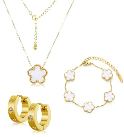 Ensemble de Bijoux Trèfle à Quatre Feuilles pour Femme Fille 18K Plaqué Or Acier Inoxydable Trèfle à Quatre Feuilles Pendentif Collier Boucles d'oreilles Bracelet Set Délicat Parure en émai (Blanc)