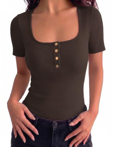 Gyabnw Women's T Shirt Stretch Ribbed Slim Fit Square Neck | Ribbed texture, slim fit, square neckline, casual T shirt styling, for summer wear, casual everyday styling