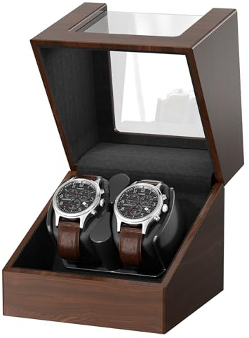 Automatic Double Watch Winder Box for Rolex and Other Watches, Ultra Quiet Japanese Motor, Self Winding Rotating Wooden Watch Case, Battery or Type-C Powered, Premium Watch Box for Men and Women Brown