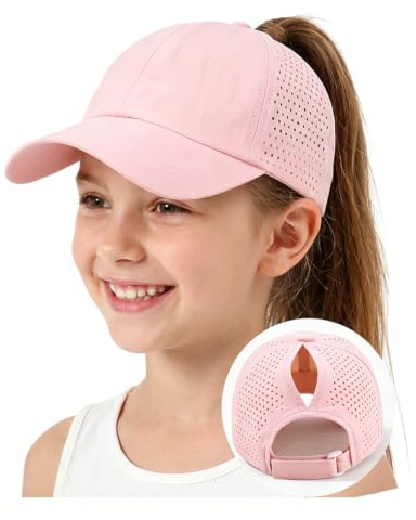 YAMEE Casquette Baseball Fille Enfant Trou Queue de Cheval Maille Respirante Séchage Rapide,Chapeau Enfant Légère Réglable,Chapeau Sport Extérieur Été pour Filles 5 à 12 Ans Protection Solaire UV