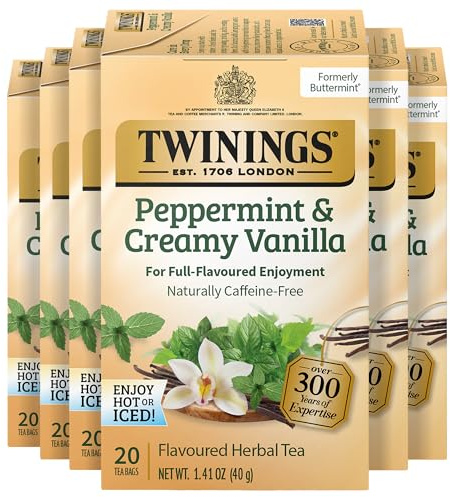 Twinings Peppermint & Creamy Vanilla Herbal Tea Individually Wrapped Bags, 20 Count (Pack of 6), Formerly Buttermint, Naturally Caffeine-Free, Enjoy Hot or Iced, 120 Teabags