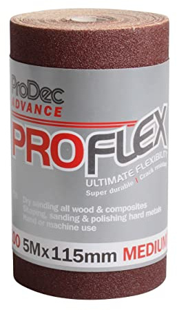 ProDec Advance 5m Roll 100 Grit Medium-Fine Grade ProFlex Ultra Flexible Crack Resistant Aluminium Oxide Abrasive Sanding Paper for Sanding Wood, Paint, Plaster, Filler, Metal and More, 115mm Wide