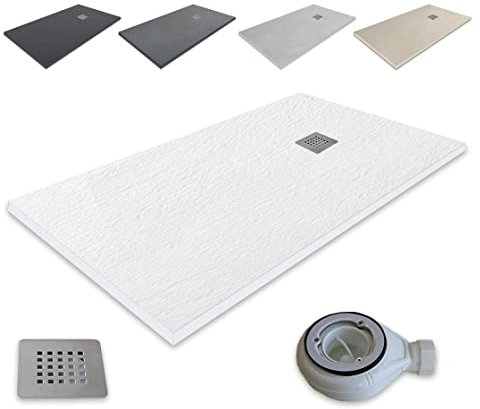 Outletaseo - Plato de Ducha de Resina Atlantic - Antideslizante Textura Pizarra - Todas Las Medidas Disponibles -Todos los Colores - Incluye Válvula desagüe+Rejilla (100x70, Blanco Ral 9003)