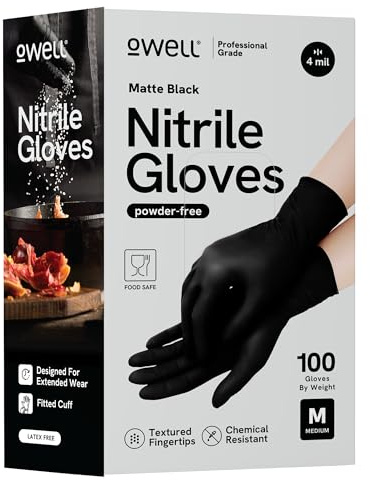 OWELL® Black Nitrile Disposable Gloves – MEDIUM - 100 ct | 4 Mil, Food Safe Certified, Powder-Free, Latex-Free, Medical Exam
