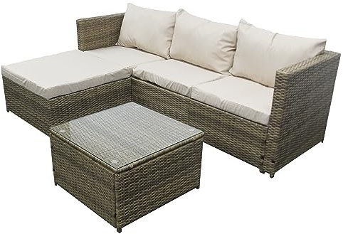 Garden Corner Sofa Rattan Furniture Set 4 Seater Patio Outdoor Lounge Settee with Glass Coffee Table & Cover All-weather SFS066 (Mix Brown Rattan+Brown Cushion)