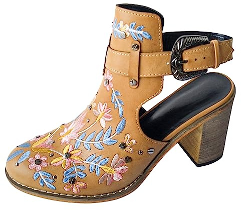 CRETUAO Botines con Bordado Floral para Mujer,Botines con Hebilla de tacón Grueso de Madera Vintage, andalias de tacón de Fiesta con Remaches de Moda Sexy,Marrón,38 EU