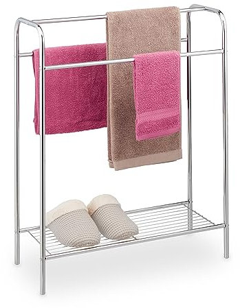 Relaxdays Portasciugamani da Terra con Ripiano, Portasalviette 3 Bracci, Autoportante, 78x63x26,5 cm, Acciaio, Argentato