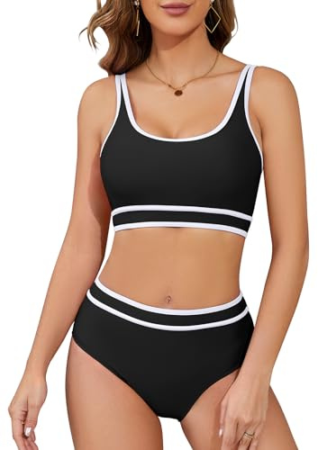 SHEKINI Women's Sporty Bikini Sets Two Piece High Waisted Swimsuits Tummy Control Scoop Neck Color Block Cheeky, Black, Medium