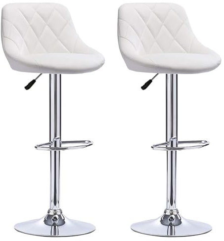 homewell Barstol set om 2, ergonomisk PU-läder sits med mjuk kudde, vridbar barstol, justerbar höjd, barstolsbas med fotstöd i metall (2, vit)