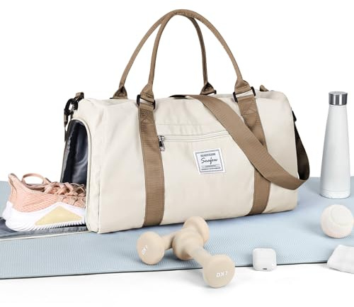 HYC00 Sac de Sport Femme Homme Sac de Gym avec Compartiment de Chaussures et Poche Humide, Sacs de Voyage Weekend Duffle Bag Cabas de Fitness Sports Gym Bag Sacs Polochons Hôpital Holdall,Beige Marron