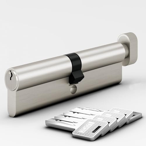 AwmnSrman Cylindre Serrure 40x40 Bouton, serrure à cylindre avec 5 clés, serrure à cylindre avec bouton, cylindre européen en laiton satiné finition nickel satiné