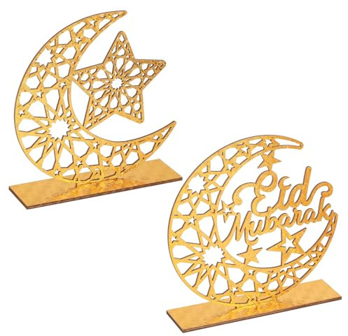2 Stück Holz Eid Mubarak Ramadan Kareem Dekorationen Eid Tisch Zeichen Mond Hohle Stern Freistehend Tisch Centerpiece Hängende Ornamente Tischdekoration für Muslim Islam Tischdekoration