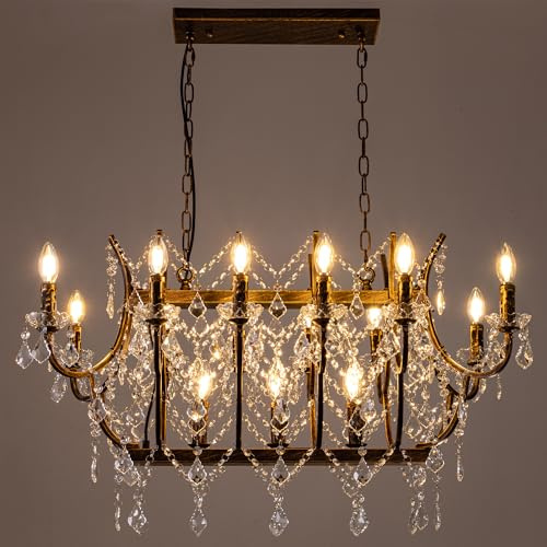 TOCHIC Crystal Chandeliers for Dining Room, 15 Lights Farmhouse Chandelier Island Lighting K9 Crystal Candle Rectangle Hanging Ceiling Pendant Light Fixture for Living Room Kitchen Island Bedroom