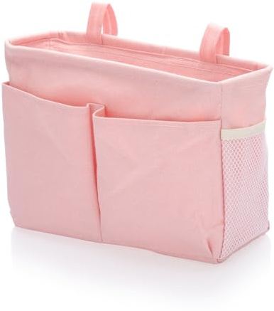 SUMTree Organizzatore da comodino sospeso borsa portaoggetti da comodino impermeabile cesto da letto 5 tasche e nastro adesivo magico per rivista, telefono, penne, telecomando (rosa)