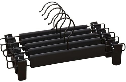 JUNEYE Paquete de 5 perchas para pantalones que ahorran espacio, 360 ganchos giratorios, clips ajustables, perchas de plástico negro con revestimiento antideslizante