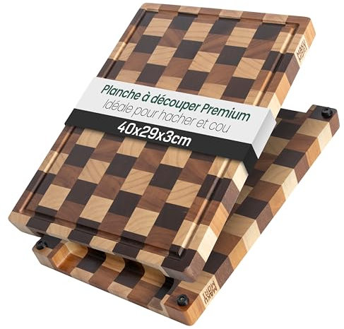 MAKUMORI Premium Schneidebrett aus Massivholz, Stirnholz, End Grain 40x29x3cm - Aus Heveaholz, karbonisiertem Akazien- und Heveaholz -FSC®-zertifiziert, Standfüße, Saftrinne und große Griffmulden