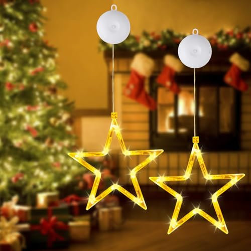 2 Pezzi Stelle Natale Decorazione, Decorative da Finestra Natale, Decorativa per Finestre in Bianco Caldo con Ventose, per Decorazione Finestre, Decorazione Natalizia, Balcone, Festa, Matrimonio (A)