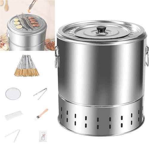Tragbarer Stahl Barbecue Grilleimer mit Lüftungsschlitzen Rauchfreier BBQ Holzkohlegrill für Anhänger Camping und Garten 360° Rundum Braten mit Ölkohle-Trennung Kompakte Küchenausstattung