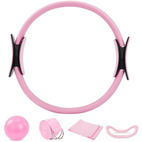 Youyijia 5-Piece Pilates Ring Set with Yoga Ball & Resistance Bands Premium Home Gym Equipment for Full-Body Toning Stretching & Strength Training (Pink)
