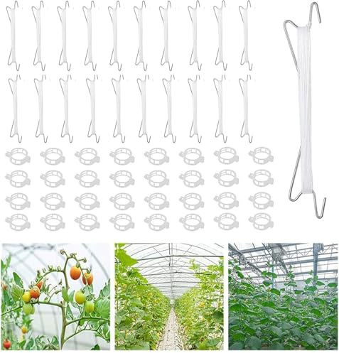 MAIREULB Tomatenhaken mit Kordel, 10 Stück Tomatenhaken Metall mit 50 Pflanzenschnallen und 10m Seil, Garten Tomatenhaken, zum Aufhängen von Tomaten und Gurken