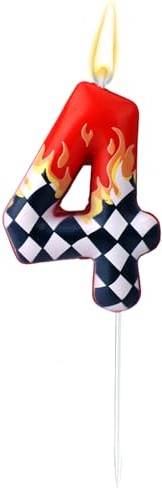 Decorazione Torta Auto da Corsa, Bianca e Nera Candela Scacchi con Numeri Decorazioni Feste Tema Auto Corsa Rosse per Bambini Bambine (Numero 4)