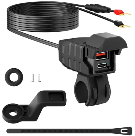 ERYUE Motorcycle Power Adapter Dual-port Efficient Charging for Phones Tablets GPS Devices, Handlebar Mounted Outlet for ATV Trike (Black)