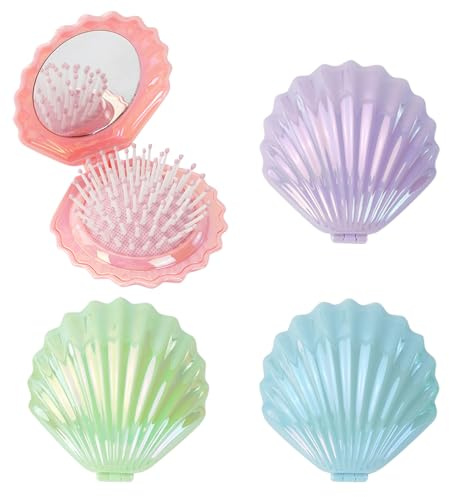 Jiayaus 4 cepillos para el pelo pequeños con forma de concha y espejo | Cepillo de viaje, cepillo plegable, peine masajeador portátil, para mujeres y niñas