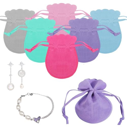 NZVQH 6 Pcs Small Velvet Jewellery Pouches, Multi Colour Calabash Storage Bags with Drawstring, Soft Pouch for Travel Wedding Valentine Anniversary Party, 7 x 9cm