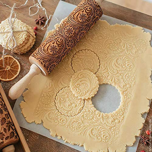 ECOSWAY Laser Printing Flower Pattern Wooden Rolling Pin, Wooden Laser Engraved Snowflake Plant Rolling Pin,Embossed Engraved Roller Pin for Baking Embossed Cookies~Large,43 * 5cm