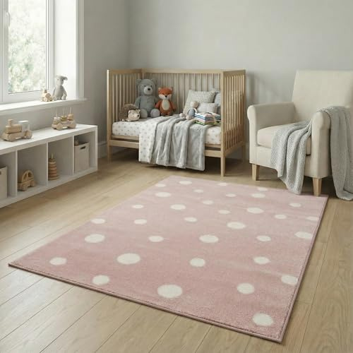 Jimri Kinderteppich DOTS l Pünktchen Gepunktet l Öko-Tex Siegel | Farbe: Beige Blau Rosa | Kinderzimmer/Jugendzimmer (Rosa, 80x150 cm)