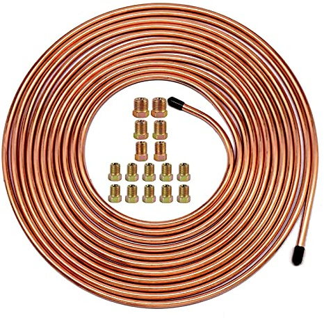 MuHize Upgraded Brake Line Tubing Kit - 25 Ft. of 3/16 Copper Coated Flexible Tube, Roll 25 ft 3/16 (Includes 16 Fittings)
