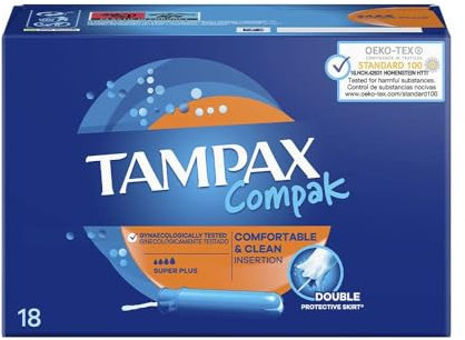 Tampax Compak Super Plus - Tamponi con applicatore, 18 unità, protezione e comfort durante il tuo periodo