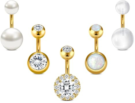 Crdifu 5 Pièces Piercing Nombril Court 6mm en Acier Chirurgical 316L, 1.6mm Anneaux de Ventre Doré avec Opale Zircon Transparent et Perle, Bijoux de Corps Hypoallergénique pour Femme