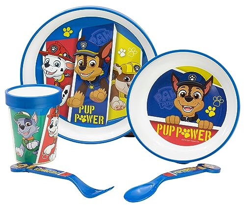 Vajilla infantil reutilizable antideslizante con base de silicona bicolor compuesto de plato, cuenco, vaso y cubiertos en caja de La Patrulla Canina