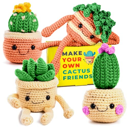 MODDA Crochet Kit for Beginners - Beginner Crochet Starter Kit with Easy-to-Follow Video Tutorials, Learn to Crochet Kits for Adults and Teens, DIY Knitting Supplies, Cactus Kit, 4 Pack Plants Family
